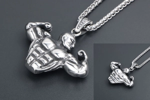 Detailed view of silver titanium steel bodybuilding pendant with muscular male figure