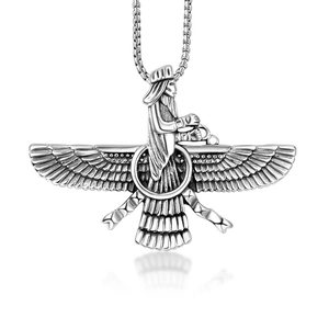 Vintage Faravahar Wings Pendant Necklace Titanium Steel Persian Religious Symbol Ethnic Jewelry For Men Women Silver