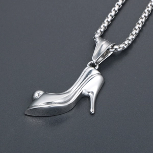 Elegant silver high heel shoe pendant necklace with polished stainless steel chain