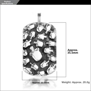 Detailed dimensions of silver punk skull pendant measuring 35.5mm by 22.5mm and weighing 20g