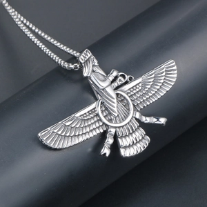 Retro Faravahar pendant necklace in vintage silver stainless steel with box chain