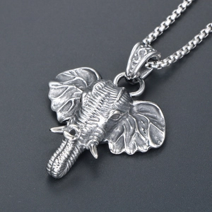 Vintage titanium steel elephant head pendant necklace with detailed antique finish metal