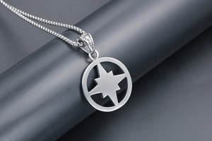 Macro view of compass star pendant with matte finish and polished frame on box chain