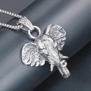 Vintage stainless steel elephant head pendant necklace with antique silver finish details
