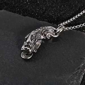 Vintage titanium steel mascot necklace featuring a mythological beast pendant with coins