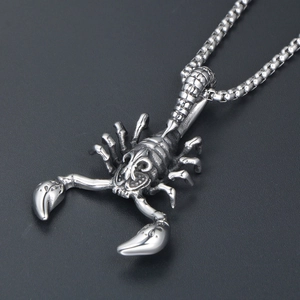 Punk style titanium steel scorpion pendant necklace with beaded chain for men and women