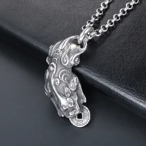 Vintage silver titanium steel Pixiu pendant necklace with ancient coins on black leather
