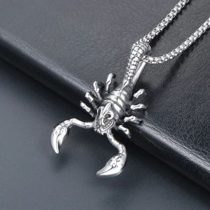 Vintage silver titanium steel scorpion pendant necklace with sturdy box chain on black leather