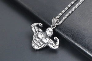 Detailed close-up of a silver titanium steel bodybuilder pendant with wheat chain for men