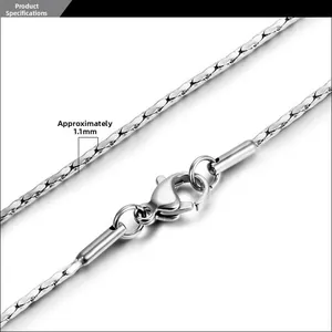 Macro view of a 1.1mm slim stainless steel chain featuring a classic lobster clasp