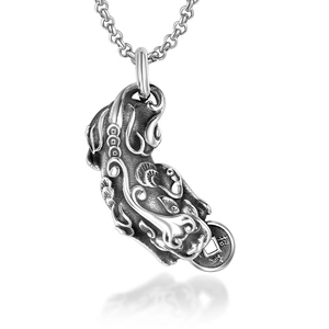 Vintage titanium steel Pixiu necklace with mascot coin pendant and crossbody chain