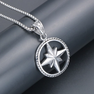 Silver punk compass necklace with octagonal star pendant and stainless steel box chain