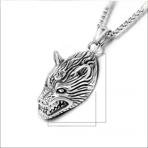 Macro detail of antique silver wolf head pendant showing 45.3mm height and steel texture