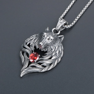 Wolf head pendant necklace in antique silver steel with oval red gemstone and box chain