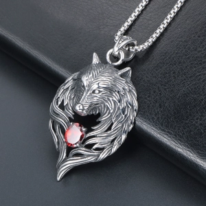 Wolf head pendant necklace in silver stainless steel with red zircon gemstone inlay