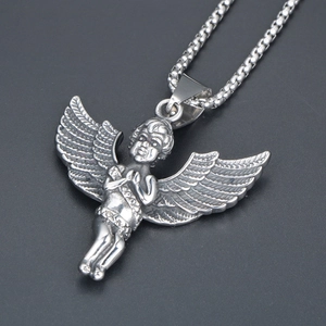 Vintage titanium steel angel pendant necklace with a classic box chain in matte silver