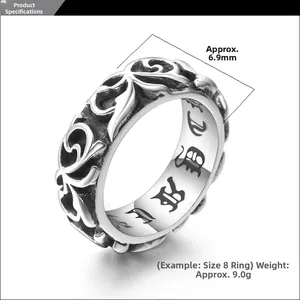Detail of vintage steel ring with vine relief carvings, width 6.9mm and 9.0g weight
