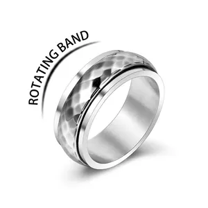 Retro Punk Titanium Steel Rotatable Hammered Texture Spinner Ring For Men Decompression Anxiety Relief Jewelry Silver Band