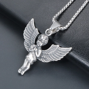 Polished titanium steel angel pendant necklace with a detailed box chain on black leather
