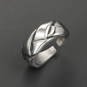Mens silver braided stainless steel open ring with polished twisted rope texture