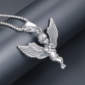 Silver titan steel cherub angel pendant necklace on a classic box chain