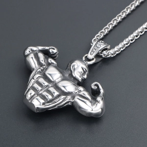 Silver titan steel dumbbell bodybuilder pendant necklace for men with muscular male torso