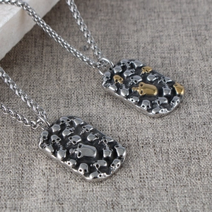 Punk style skull relief rectangular pendant necklaces with heavy duty wheat chains