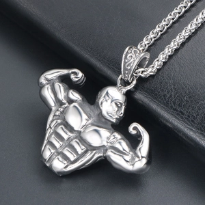 Silver titan steel muscular bodybuilder pendant with wheat chain for athletic men