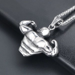 Polished silver bodybuilding man pendant necklace with muscular lines and wheat chain