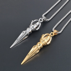 Two-tone titanium steel Vajra pestle pendants in gold and silver with link chains