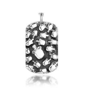 Retro punk rectangular dog tag pendant necklace with detailed skull relief in silver steel