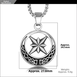 Detailed view of silver titanium steel octagon star pendant with Celtic weave texture
