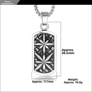 Vintage steel dog tag necklace with octagonal stars and product dimensions guide