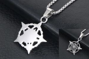 Detail of vintage titanium steel necklace with mystic star pendant and polished back