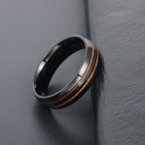 Bague pour homme en acier titane avec finition noire et double incrustation de bois