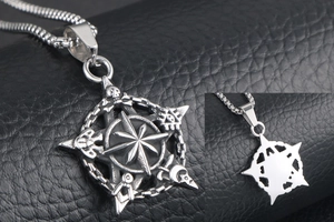 Detailed front and back view of vintage star pendant with Masonic symbols on pearl chain