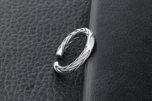 Macro view of wheat ear pattern on silver titanium steel ring with woven texture
