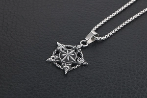 Macro shot of vintage titanium steel necklace pendant featuring masonic symbol on black leather