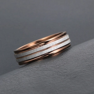 Modern two-tone coffee titanium steel ring with rose gold edges and brushed silver inlay