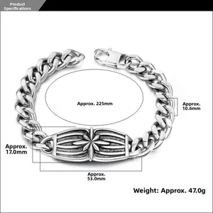 Detail of silver stainless steel Cuban link bracelet with dimensions and star oval plaque