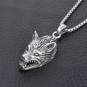 Vintage wolf head pendant necklace for men made of durable stainless steel with box chain