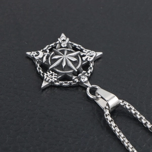 Vintage stainless steel compass star pendant necklace with masonic symbols on black leather