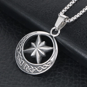 Vintage Stainless Steel Eight-pointed Star Crescent Moon Pendant Necklace Gothic Celtic Knot Compass Retro Jewelry For Men Women
