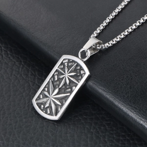Vintage Titanium Steel Dog Tag Pendant Necklace For Men Women Eight-Pointed Star Compass Engraved Rectangular Jewelry Gift