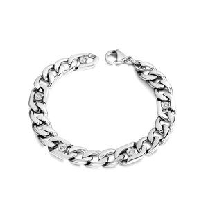 Bracelet à Maillons Cubains en Acier Titane Poli de Couleur Argent Minimaliste pour Hommes Avec Incrustation de Strass Bijoux de Mode