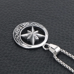 Vintage stainless steel compass star pendant necklace with celtic moon for men