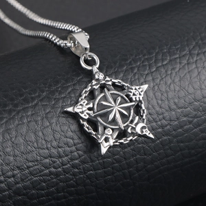 Vintage titanium steel pentagram necklace with mystic carvings on black leather