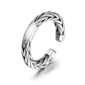 Retro silver wheat ear woven titanium steel open ring with polished metal block