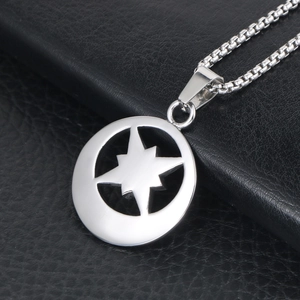 Polished titanium steel necklace with a hollow star pendant on a black leather surface