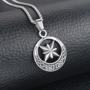 Polished stainless steel Union Jack octagonal star pendant with Celtic knot on black leather